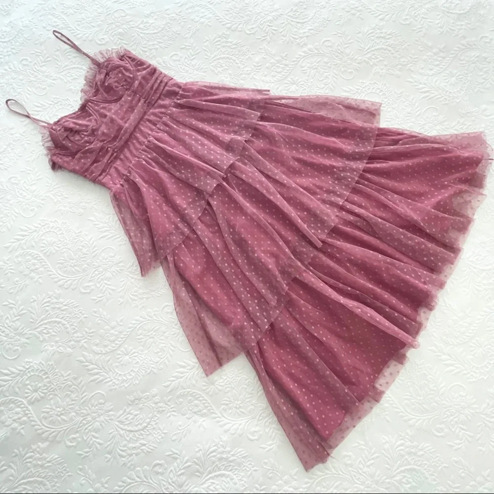 NWOT Lulus Sweetheart Style Mauve Polka Dot Bustier Tiered Midi Dress Small - Picture 7 of 12